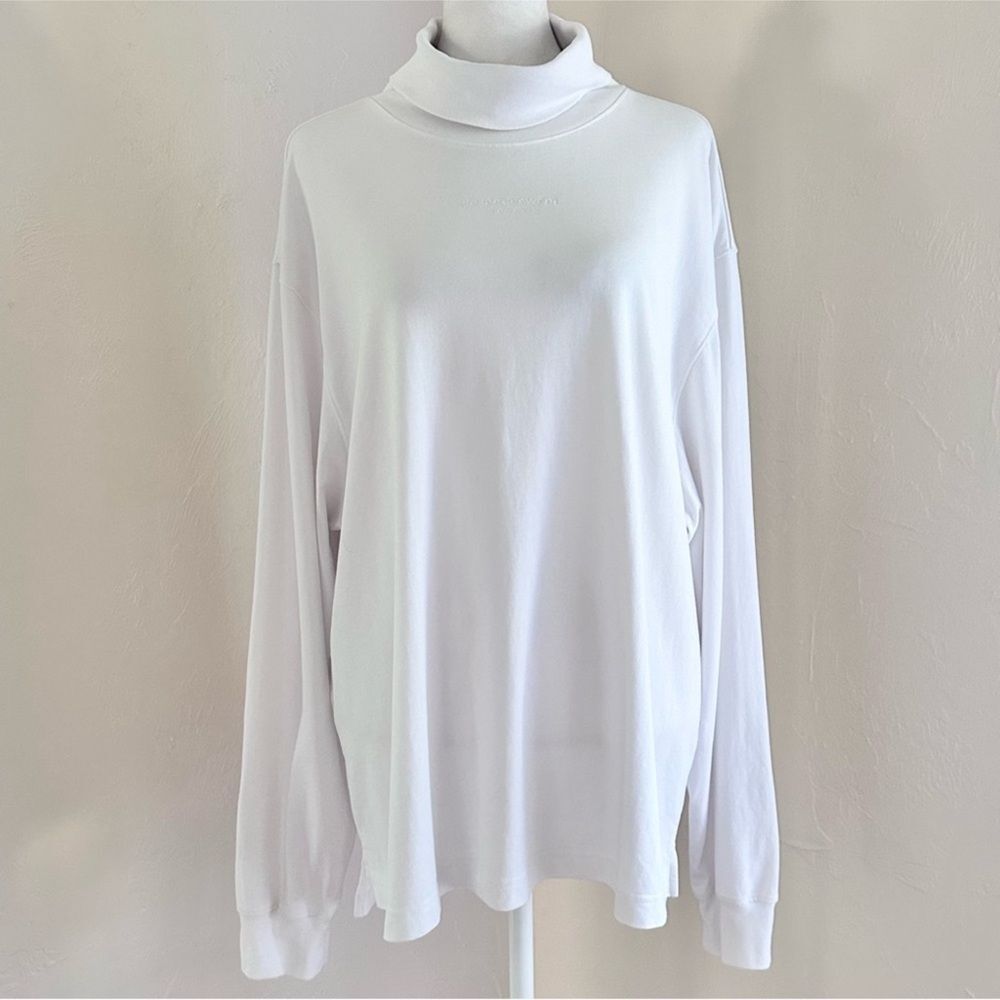Alexander Wang Oversized Turtleneck Long Sleeve Logo Tee in White Size L